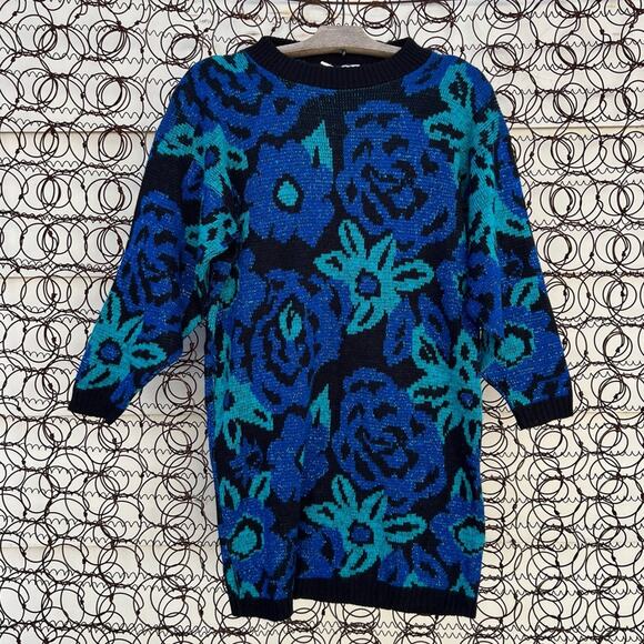 Vintage 80s 90s Metallic Floral Blue Black Knit Tunic Sweater S/M - Picture 1 of 5